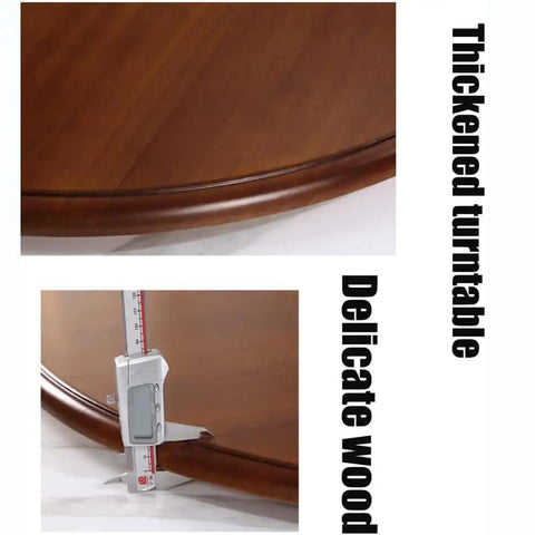 Close-up of 40 Inch Teak Lazy Susan Turntable For Dining Table Rotating Serving Tray showing wood thickness and finish