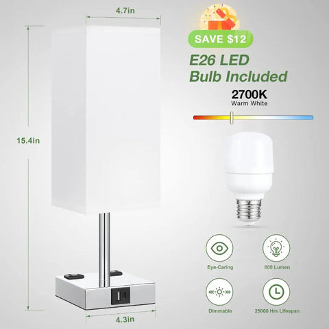 Set Of Two Touch Nightstand Lamps With USB C And USB A Ports AC Outlets Three Way Dimmable Bedside Lamps With White Fabric Shade Perfect For Bedroom Or Guest Room Bulb Included, showing lamp measurements and included LED bulb.