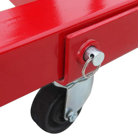 Detail of Top Shelf 2 Ton Steel Garage Engine Hoist With Folding Frame, showing the rolling wheel and locking mechanism.