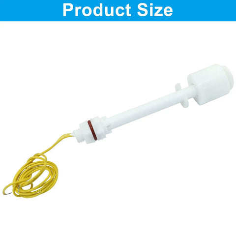 Single PP plastic float switch with yellow wire for tanks, showing product size. Part of a 2 Pack PP Plastic Float Switches for water pumps.
