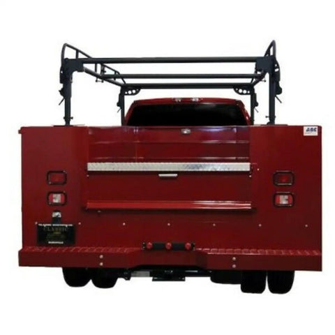 Heavy Duty Steel Service Body Ladder Rack Bolt On Mount For Utility Trucks 14 Foot 6 Inch Span with black finish on red truck