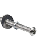 Close-up of stainless steel screw, washer, and bolt from the All In One Bed Frame Hardware Kit With Stainless Steel Screws Bolts Nuts And Washers