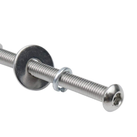 Close-up of stainless steel screw, washer, and bolt from the All In One Bed Frame Hardware Kit With Stainless Steel Screws Bolts Nuts And Washers