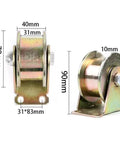 Front and side view of Beefy Heavy Duty H-Groove Grooved Wheel Caster For Square Tubes And Sliding Doors, with measurements.