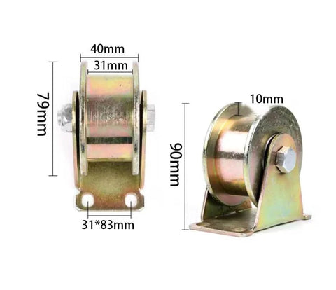 Front and side view of Beefy Heavy Duty H-Groove Grooved Wheel Caster For Square Tubes And Sliding Doors, with measurements.