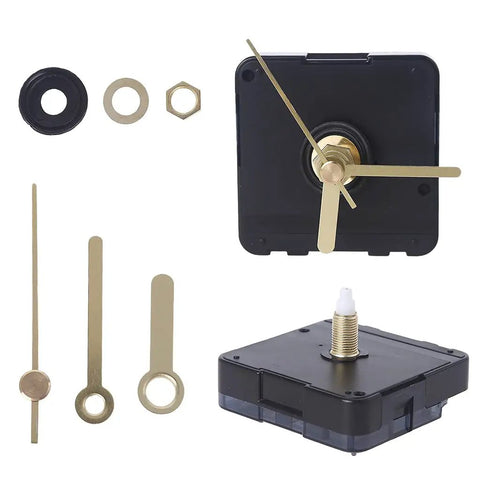 Battery Operated Quartz Wall Clock Movement Kit With Hands Replacement, black movement with gold hands and attachments