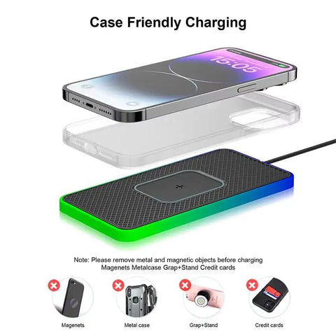 Hella Smooth 15W Wireless Charger Pad For Chevy Volt Bolt EV EUV Blazer Console, showcasing case-friendly charging with clear phone case.