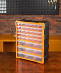 Wall Mount Cabinet Organizer With 39 Drawers And Removable Dividers, Doubles Capacity To 78 Compartments For Hardware, Craft Supplies, And Small Parts, DIY Friendly, Black And Orange Plastic Garage Storage System, 15 By 6.3 By 18.6 Inches