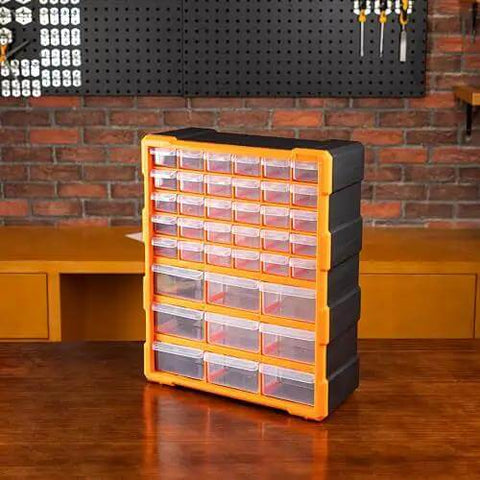 Wall Mount Cabinet Organizer With 39 Drawers And Removable Dividers, Doubles Capacity To 78 Compartments For Hardware, Craft Supplies, And Small Parts, DIY Friendly, Black And Orange Plastic Garage Storage System, 15 By 6.3 By 18.6 Inches