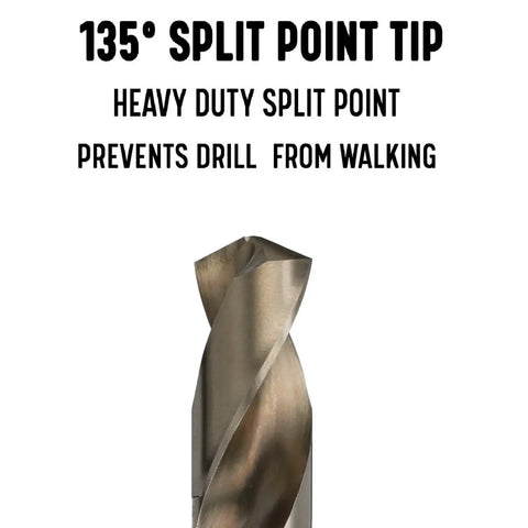 Close-up of 135° split point tip from 5 Piece M35 Cobalt Drill Bit Set In Plastic Pouch Case POU Series 9/16 Inch Through 1 Inch