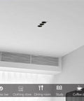7-Pack LED Recessed 3-Head Spotlights Sleek Black Rectangle COB Downlights showing three fixtures in ceiling for modern spaces.