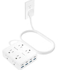 Real Deal Flat Plug Power Strip With 10 Foot Extension Cord Featuring Eight Widely Spaced Outlets And 4 Usb A Plus 4 Usb C Fast Charge Ports Perfect For Your Everyday Desk Setup Home Office Or Dorm Room Essential White, shown plugged in with cord.