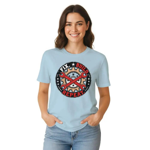 Chill Mechanical Engineer T-Shirt For Real Builders Vintage Gear Badge Design Soft 100% Cotton Tee on model wearing blue tee.