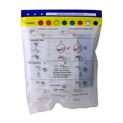 Instruction manual for RJ45 Easy Plug Repair Clips For Cat5e And Cat6 Cables Clear Replacement For Damaged Release Clips.