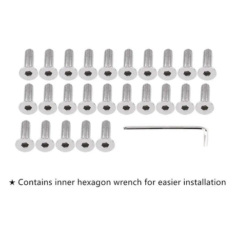 Premium 25 Piece Fender Bumper Washer Bolt Kit In Black Featuring M6x20mm CNC Finishing Fasteners For Long Lasting Shine And A Dope Engine Bay Dress Up 6061 T6 Aluminum And Stainless Steel Includes Inner Hex Wrench arranged with hex wrench
