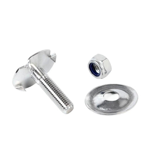 Top Shelf Rock Solid M6x25 304 Stainless Steel Fanged Bucket Elevator Bolt Kit hardware components with heavy duty washer and locknut.