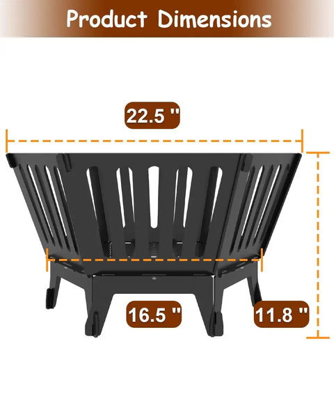 Hexagon 22.5 Inch Portable Fire Pit dimensions illustration, 22.5-inch wide with vented sides and 3.9-inch bottom clearance.