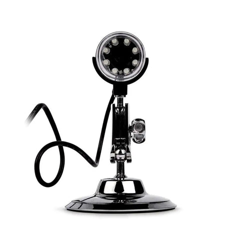 USB Digital Microscope With 2 MP HD CMOS Lens, 1920x1080 Video, 100x To 200x Magnification, Photo And Video Capture, Adjustable Stand, LED Lighting, MicroCapture Software, Windows And Mac Compatible, black USB microscope on stand