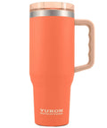 Rock Solid 40 Oz Stainless Steel Vacuum Insulated Tumbler with Copper Plate Technology, orange with handle for hot and cold drinks.