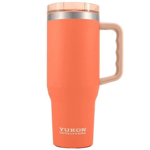 Rock Solid 40 Oz Stainless Steel Vacuum Insulated Tumbler with Copper Plate Technology, orange with handle for hot and cold drinks.