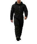 Mens Heavy Duty Canvas Work Jumpsuit With Thermal Hood And Full Zip Front Insulated Coveralls For Construction Trades worn by man walking.
