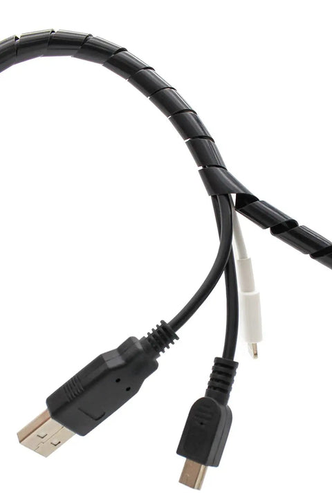 Spiral Cable Wrap Ten Feet One Quarter Inch Wire Wrap Cord Covers bundle with cords, black polyethylene cable organizer.