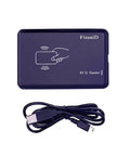 Image of 125KHz Proximity Card Reader That Reads 1326 Family ISO Prox Cards and 4100 ID Cards, USB cable shown alongside.