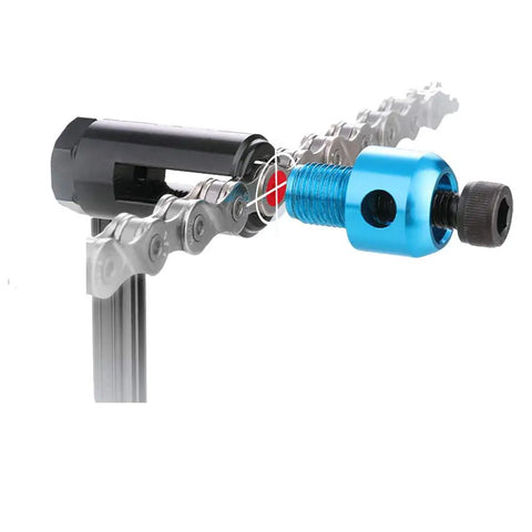 Ultra Compact Bike Chain Tool For All Speeds Including 12 Speed With Pin Directed Force in action on bike chain close-up