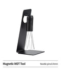 Professional Game Changing Coffee Distribution Tool With Magnetic Stand And Adjustable Wdt Needle Barista Coffee Stirrer For Espresso Smooth Pulls Plus Dead On Shots, black metal WDT tool with 0.4mm needle pins on stand.