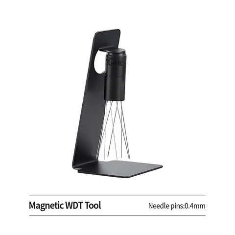 Professional Game Changing Coffee Distribution Tool With Magnetic Stand And Adjustable Wdt Needle Barista Coffee Stirrer For Espresso Smooth Pulls Plus Dead On Shots, black metal WDT tool with 0.4mm needle pins on stand.