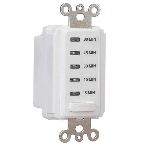 No Fuss In Wall Countdown Timer With 5 15 30 45 60 Minute Modes Electronic Auto Off Silent Operation White Finish CFL Compatible Replaces Single Pole Switches For Decorator Style Walls And Home Lighting - side view showing time settings.