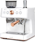 Next Level Semi Automatic Espresso Machine With Badass Built In Grinder And Silky Milk Frother Featuring WiFi App Control Custom Drinks 15 Bar Pump 95 Oz Water Tank Matte White Copper Accents front view with controls and grinder