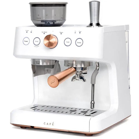 Next Level Semi Automatic Espresso Machine With Badass Built In Grinder And Silky Milk Frother Featuring WiFi App Control Custom Drinks 15 Bar Pump 95 Oz Water Tank Matte White Copper Accents front view with controls and grinder