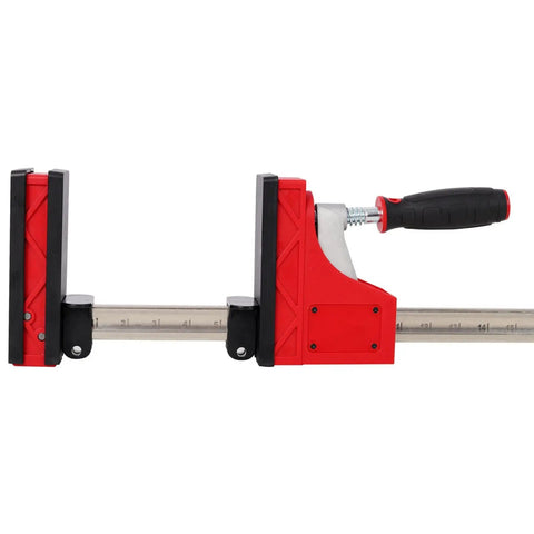 Parallel Clamp Kit Tools Set With Bench Dogs And Blocks 24 Inch and 40 Inch Clamps, side view of red and black clamp.