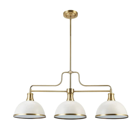 Three Light Linear Chandelier In Matte White With Brass Accents, Adjustable Hanging Height, Sloped Or Vaulted Ceiling Compatible