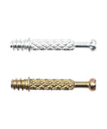 Heavy Duty Three In One Screw Connector Bolt For Furniture Assembly Rock Solid Cabinet Hardware Badass Cam Lock Nuts Built Tough Quick Setup Woodworking Panel Joinder Kit M6X40MM Carbon Steel in silver and gold finish.