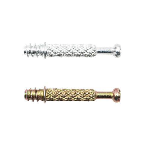 Heavy Duty Three In One Screw Connector Bolt For Furniture Assembly Rock Solid Cabinet Hardware Badass Cam Lock Nuts Built Tough Quick Setup Woodworking Panel Joinder Kit M6X40MM Carbon Steel in silver and gold finish.
