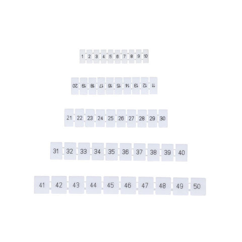 10 Pack DIN Rail Terminal Block Label Strips For PT2.5 ST2.5 UKK3 Standard with numbers 1 to 50 displayed