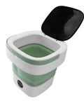 Super Portable 12L Mini Washing Machine And Foldable Spin Dryer, compact green and white design, open lid, lightweight build.
