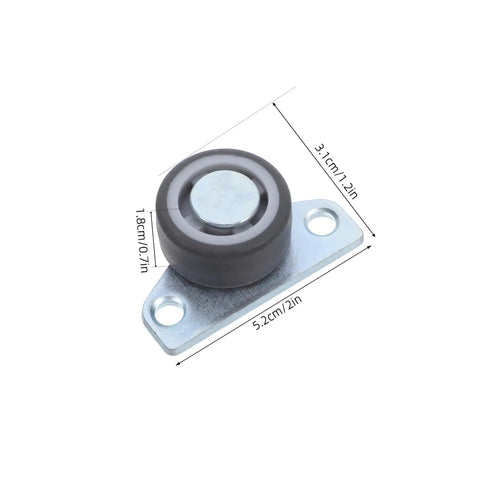 Set Of Four Heavy Duty Adjustable Sliding Door Rollers With Precision Bearings Buttery Smooth Glide Easy Side Or Vertical Mounting On Closets Barn Doors close-up view of a roller with silver metal base and rubber wheel dimensions shown