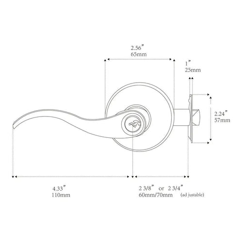 Technical drawing of Wave Lever Keyed Entry Door Lock Set in Silver for Lefty Doors with dimensions and adjustable backset.