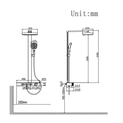 Exposed Shower Faucet System Piano Key Diverter Control White dimensions and layout diagram, showcasing size and structure details.