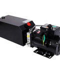 Heavy Duty Single Acting Hydraulic Power Unit With Steel Reservoir Pump For Dump Trailer Lift Gate Log Splitter Car Lift And Hydraulic Equipment Black Heavy Load, side view showing components.