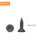 100 Pack Flat Head Torx Screws M3 X Ten Millimeter 304 Stainless Steel Countersunk Self Tapping Security Wood Screws Tamper Resistant Fit T10 Bit For Built Tough Fence Deck Builds Black showing screws with dimensions.
