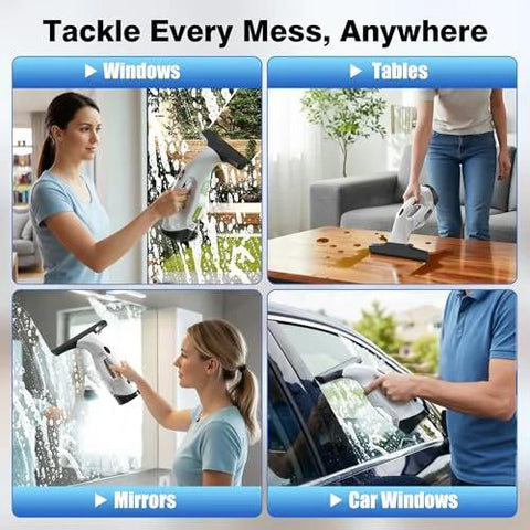 ZRHI cordless window vacuum squeegee in black used on windows, mirrors, car windows and glass tables (collage)