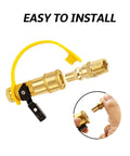 Quarter Inch RV Propane Quick Connect Adapter Kit With Shutoff Valve And Full Flow Plug Solid Brass Fittings displayed unassembled.