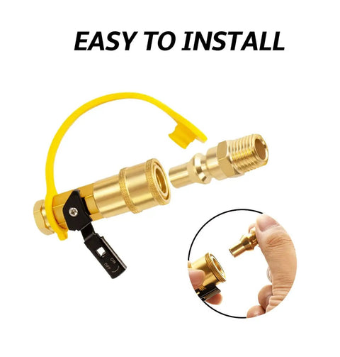 Quarter Inch RV Propane Quick Connect Adapter Kit With Shutoff Valve And Full Flow Plug Solid Brass Fittings displayed unassembled.
