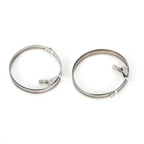 Two adjustable metal hose clamps on a white background, suitable for securing pipes and hoses in various applications.
