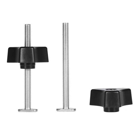 Heavy Duty T Track Hold Down Clamps Secure Wooden Boards Dead Tight With Double Cut Profile And Rubber Pads No Sweat Quick Mount Rock Solid Holding Power For Milling Routing Jobs, close-up view of toggle clamps with metal screws.