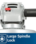 Close-up of Powerful 7.5 Amp 11000 RPM Four And One Half Inch Angle Grinder with large spindle lock and dual position side handle.